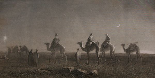 Star of Bethlehem, Magi - wise men or wise kings travel on camels with entourage across the deserts to find the savior, moon, desert, Holy Bible, Etching, 1885