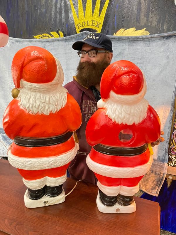 Candy Cane and Santa ( Shorter Version) Christmas Light Up Vintage Blow Molded Lawn Decor, distributed by SunHill, Candy Cane re-design Circa 1991-1992 by MiMo, Mike Mozart.