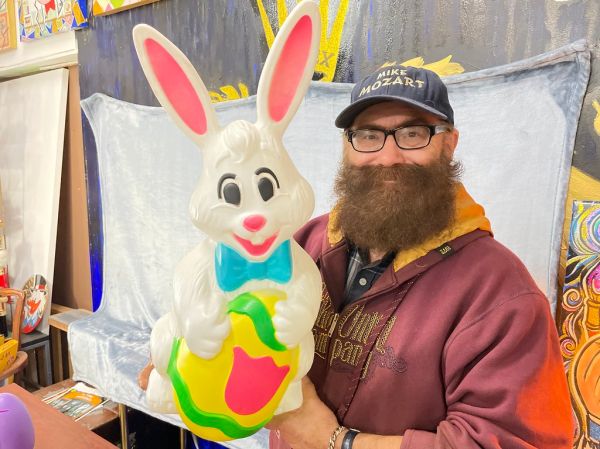 Giant Lawn Eggs and Blow Molded Easter Bunny Lawn Decor, created by MiMo, Mike Mozart for Sunhill Industries circa 1994.
