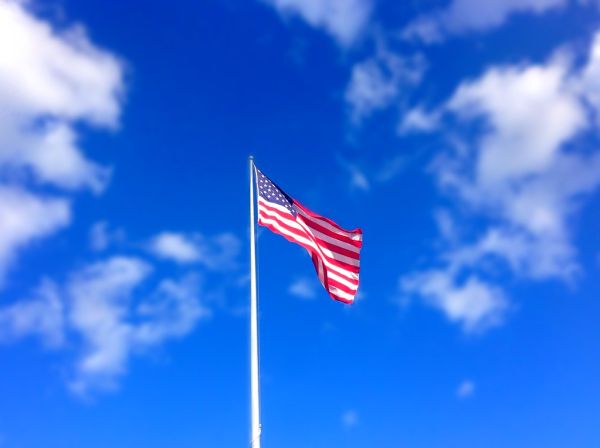 America Flag waving blue sky white puffy clouds American USA Flag windy day. Pics by Mike Mozart of TheToyChannel and JeepersMedia on YouTube. #AmericanFlag #USAFlag #BlueSkies #WhiteClouds #BeautifulDay #Patriotic #LaborDay #MemorialDay