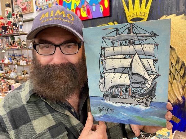 Tall Ship Painting, acrylic on canvas by MiMo, Mike Mozart signed Wolf 12 for Wolfgang Mikyáll Mozart age 12, 1974,