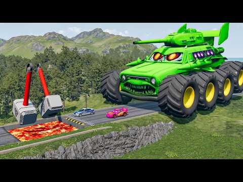 Giant TANK TRUCK VS Cars Lightning McQueen &amp; Police Car &amp; 2x THOR HAMMER Downhill Race|Beamng.Drive