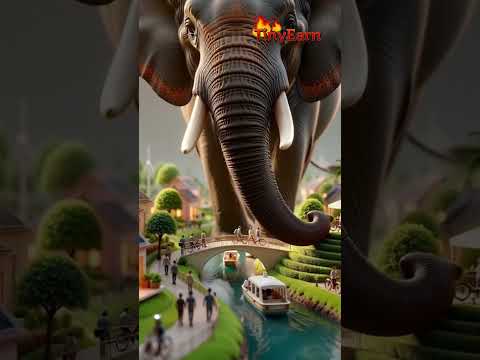 A Gentle Giant Watching Over a Miniature Future City#MiniatureWorld #GentleGiant #ElephantArt