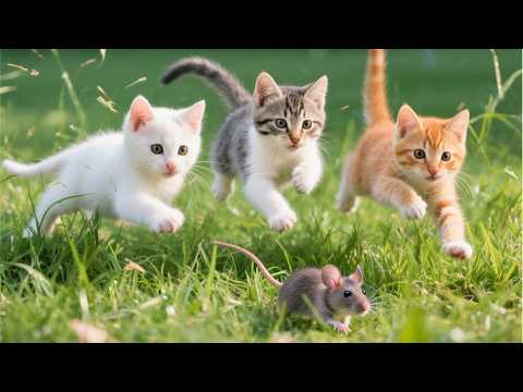 Happy kittens chasing mice in the grassy field - Cat sounds - Cat videos