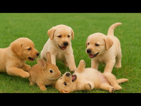 🌼🐶 Cute Baby Puppies Playing Happily with Rabbit – Relaxing Dog Sounds &amp; Joyful Moments!