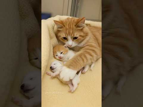Mother Cat Lovingly Cares for Kittens and a Newborn Puppy Togethe