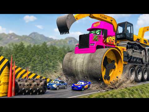 Giant CRUSHER DOZER Mack Truck VS Cars Lightning McQueen &amp; Police Car &amp; Speed Bumps - Beamng.Drive