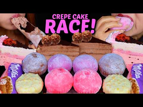 ASMR CREPE CAKE &amp; BIG CREAM MOCHI RACE! Nutella Dubai chocolate, Milka ice cream, Ferrero ice cream