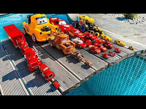 Disney Pixar Cars falling into deep pool, Lightning McQueen, Tow Mater, Mack, Sally, Francesco