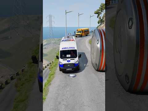 Cars &amp; School Bus vs Giant Pit Bollards Crash #4 - BeamNG.Drive