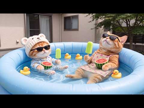 Mama Cat &amp; Ginger Kitten Beat the Heat With a Tiny Pool, Watermelon &amp; Ice Cream 🌞🏖️🍉🍦