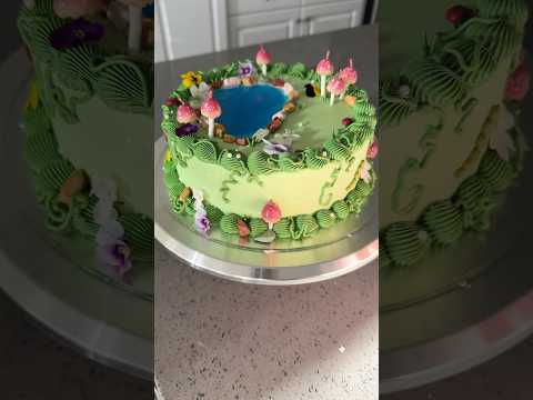 Woodland cake with a jello pond! 🍄🪷 #cake #cakedecorating #shorts #enchantedforest