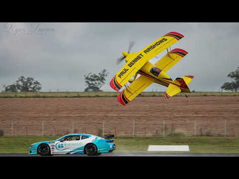 Warbirds over Scone 2022. Nick Lange TA2 Camaro Muscle Car v Paul Bennet Wolf Pitts Pro Plane Race