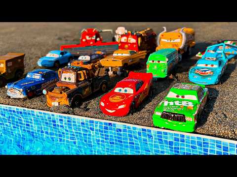 Disney Pixar Cars falling into deep pool, Lightning McQueen, Tow Mater, Mack, Sally, Francesco