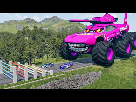 Giant TANK TRUCK VS Cars Lightning McQueen &amp; Police Car &amp; Giant LASER Downhill Race|Beamng.Drive